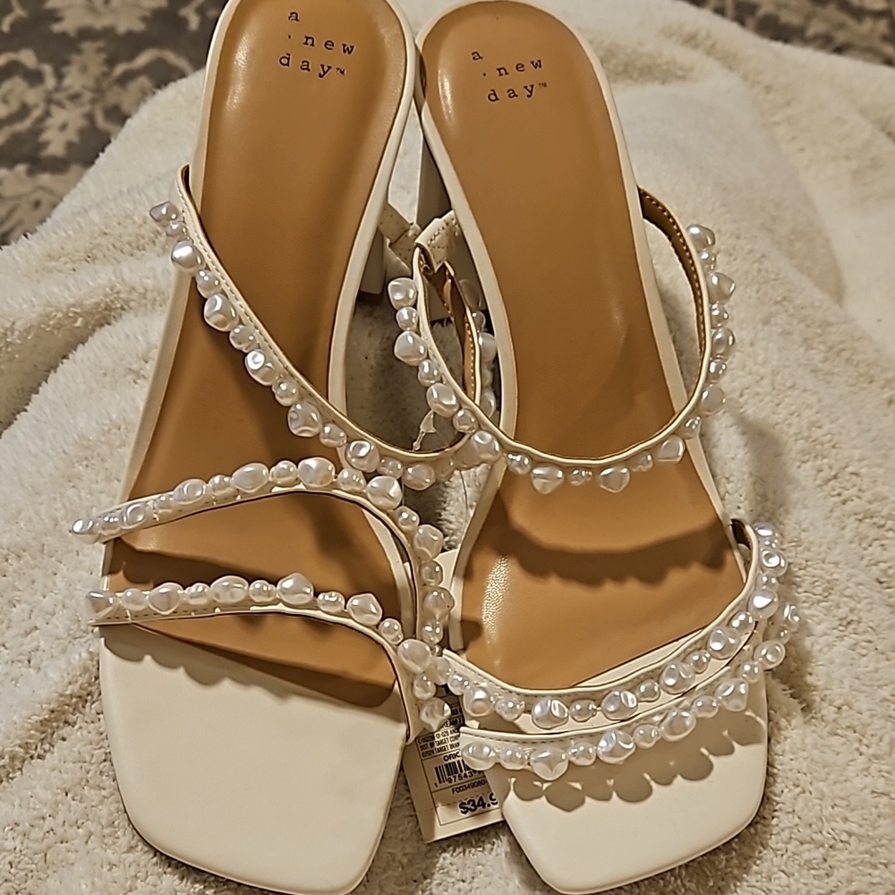 A New Day White Heels with Elegant Pearl Straps